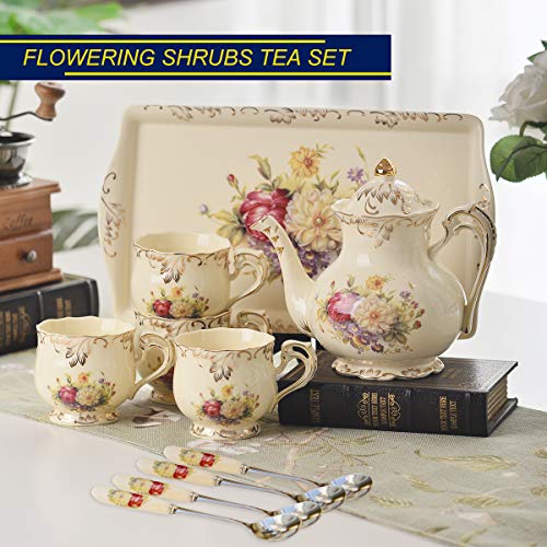YOLIFE Flowering Shrubs Ivory Ceramic Tea Set,Porcelain Tea Cups Set,Tea Party Service Set for Adults