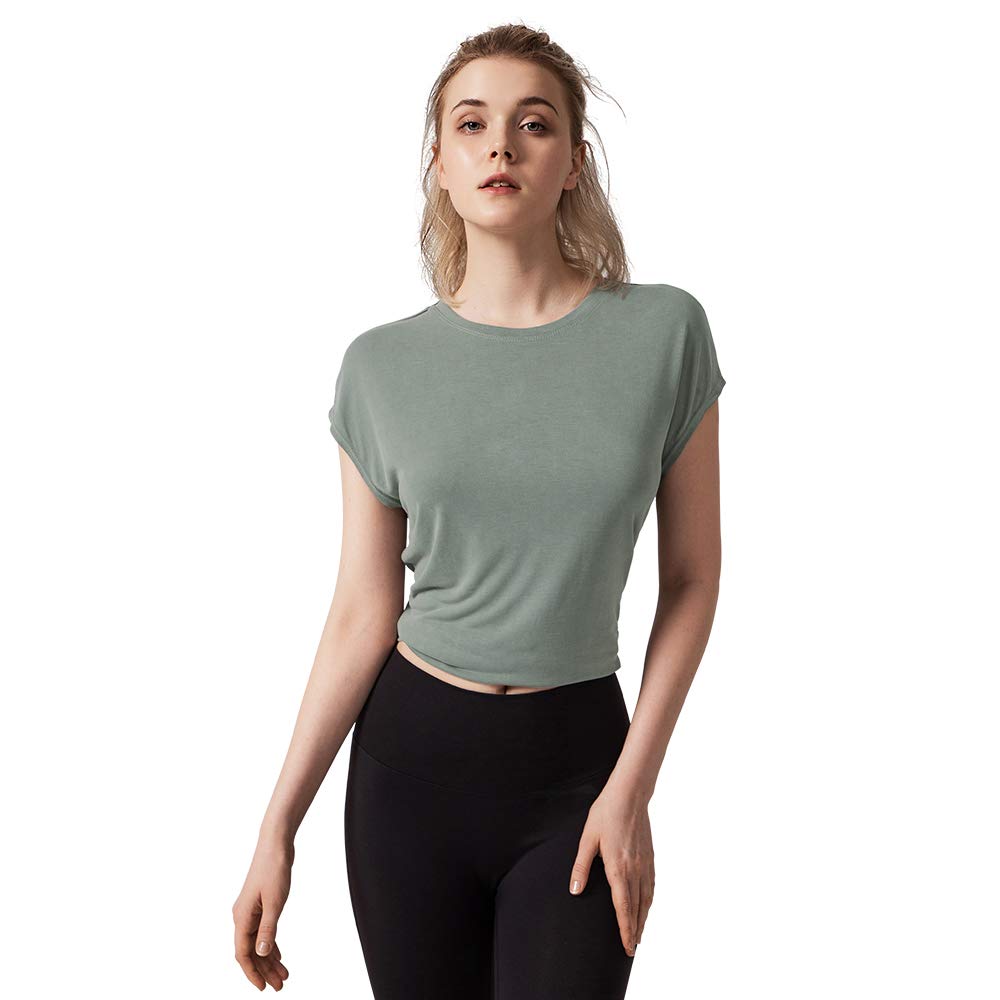 Women\'s Open Back Shirts Short Sleeve Top, Sexy Modal Backless T-Shirt Yoga Tops Dark Grey