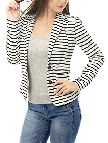 Allegra K Women Notched Lapel Button Closure Striped Blazer White M