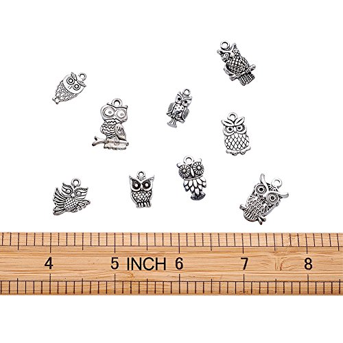 Beadthoven 50pcs Tibetan Style Alloy Owl Pendants, Vintage Owl Charms for Halloween Jewelry Charms, Mixed Shapes,Hole: 1~2mm (Antique Silver)
