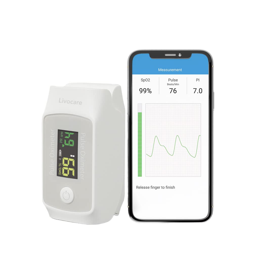 Livocare PO1 by iHealth Fingertip Pulse Oximeter, Blood Oxygen Saturation Monitor with App, SpO2, Pulse Rate, Plethysmograph & Perfusion Index, Battery include