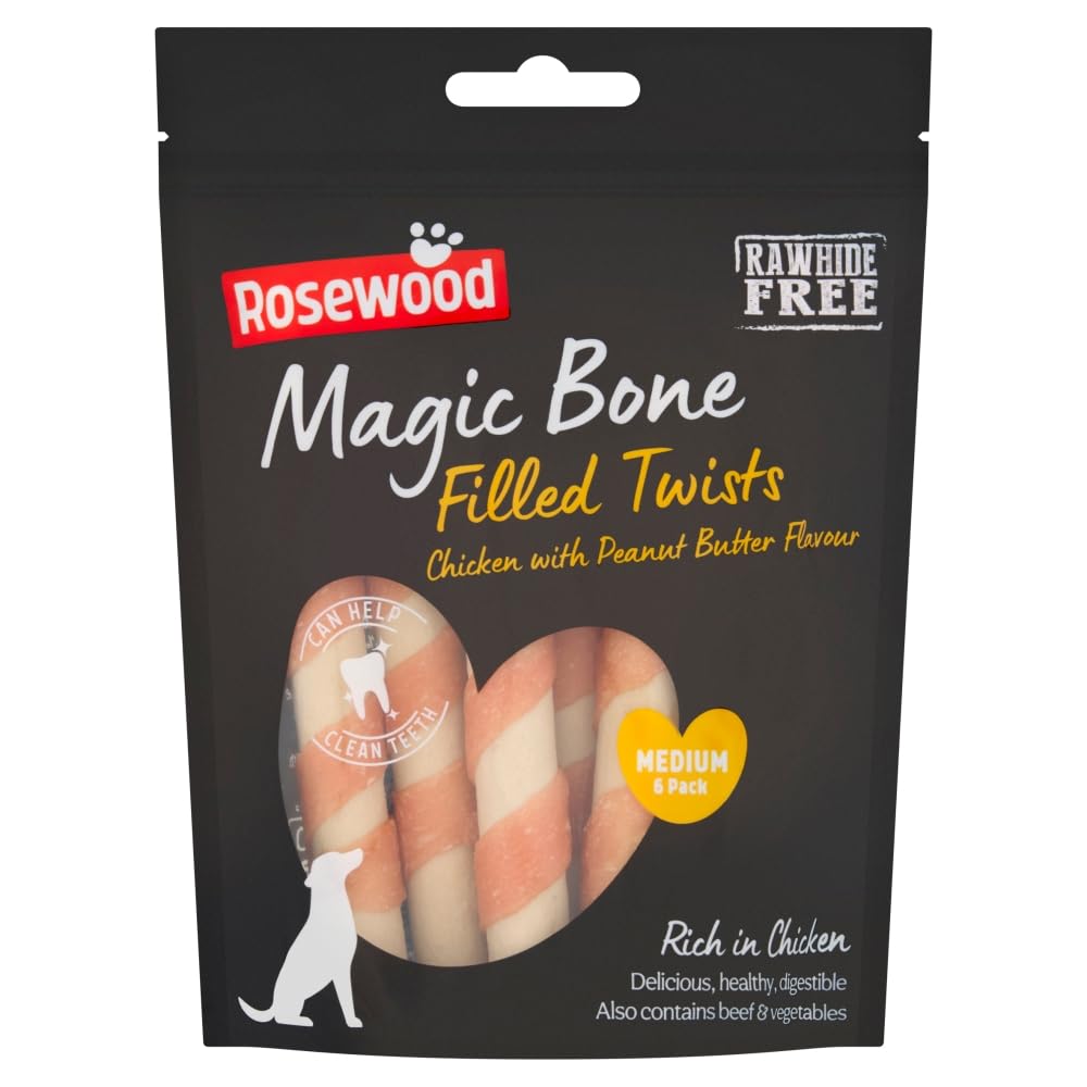 Rosewood Magic Bone Filled Twists for Dogs - Chicken and Peanut Butter Flavour Dog Treats, Rawhide Free, Medium Sized Dog Chews for Small, Medium and Large Dogs, 6pc (Case of 10 x 195g)