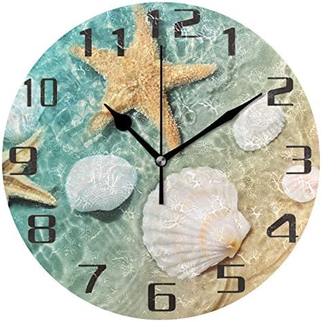 Starfish Seashell Wall Clock Silent Non-Ticking, Beach 9.5 Inch Round Wall Clock Battery Operated Ocean Clock Decor for Home Wall Bathroom Kitchen Bedroom Living Room Office Classroom Patio