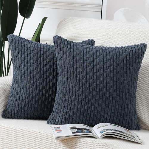 Madizz 2er Set Boho Gestreifte Kissenbezüge Weicher Kord Dekorativer Kissenbezug für Schlafzimmer Sofa Kissenhülle Dunkelblau 60 x 60 cm