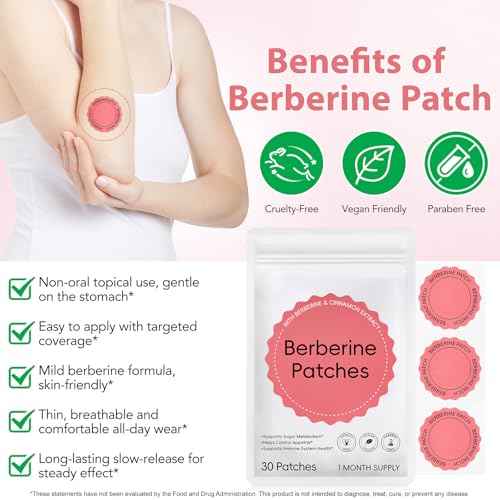 Berberine Patches, Berberine Support Patches with Berberines & Cinnamon Extract, Vegan, Helps Support Metabolism & Energy Levels (1 Pack)