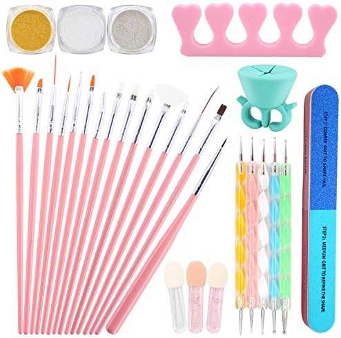 20pc Nail Art Manicure Pedicure Beauty Painting Polish Brush and Dotting Pen Tool Set ，Salon Board Nail Files，Toe Separators，3 pcs Chrome Powder，Nail Polish Holder