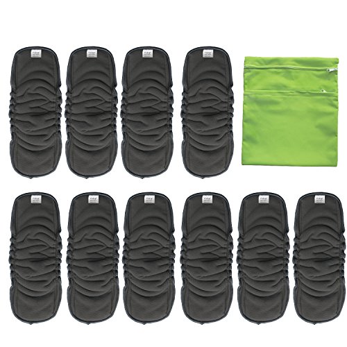 Vlokup Baby Cloth Diapers Inserts Overnight 5 Layer Infant Charcoal Bamboo Diaper Inserts Reusable Liners for Cloth Pocket Diapers with Gussets Wet and Dry Diaper Bag (Pack of 10)