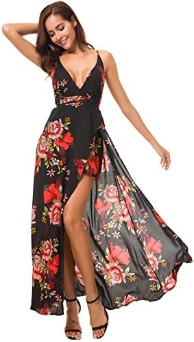 DGMYG Women's Sexy Spaghetti Strap V Neck Split Beach Floral Print Maxi Dress