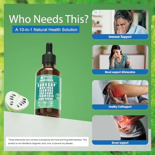 Soursop Bitters Liquid Drops 10 in 1 with Sea Moss, Moringa, Turmeric, Black Seed Oil, Oregano, Ashwagandha | Herbal Extracts for Overall Health-Enhancing | Vegan, Non-GMO | 2 Fl Oz