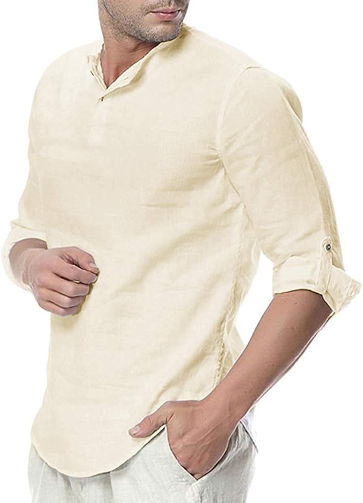 Enjoybuy Mens 3/4 Sleeve Henley Shirt Casual Linen Cotton Summer Loose