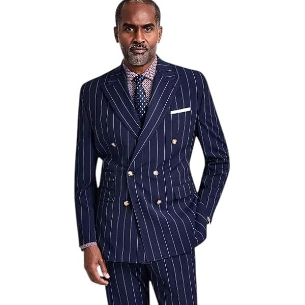 HBDesign Men's Double-Breasted Peak Lapel Six-Button Black Striped