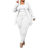 IyMoo Women's Plus Size Two Piece Open Front Long Sleeve Blazer and Elastic Waist Solid Pant Set Suit