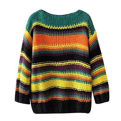 FIRERO Womens Casual Striped Multicolor Sweater Long Sleevel Loose Tops Blouse Sweater