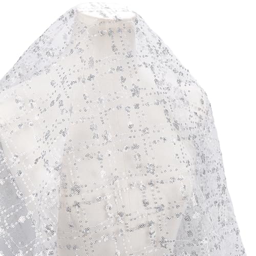 CABODYALS White Glitter Mesh Fabric Sparkle Sequins Beaded Net Fabric by The Yard Metallic Shiny Silver Sequin Netting Lace Cloth for Sewing Making Crafts Dresses Wedding Home Decor Supply