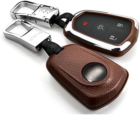 Saibon BROWN Protective Genuine Leather Top Layer Hard Back Keyless Remote Entry Fob Case Keychain for Cadillac CTS XTS ATS SLS SRX