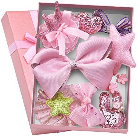 Coreykin Girl Hair Clips 10 Pcs Girl Bowknot Flower Hair Clip Multi-Style Bow Hairpin Ribbon Xmas Gift (Pink)