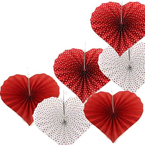 Tytroy Red and White Heart Shaped Hanging Paper Fan Set Polka Dot Party Decorations Valentine’s Day Birthday (6 pc)