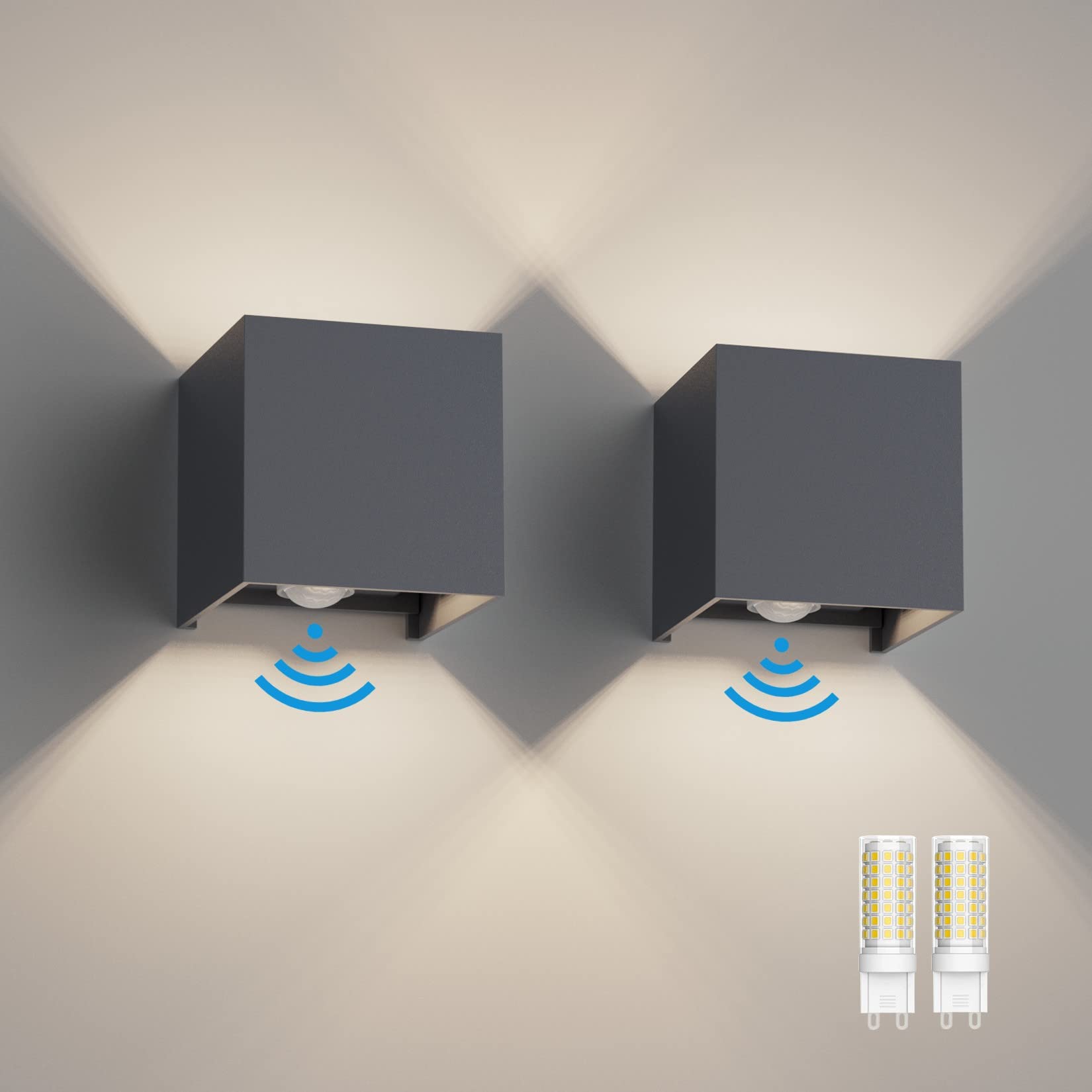 Klighten 2PCS Outdoor Wall Light with Motion Sensor, Waterproof IP54 Outside Wall Lamps with Sensor, Adjustable Beam Angle, Natural White 4000K, Antracita (G9 LED Bulb Include) — image 1