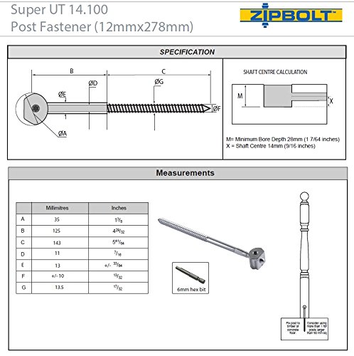 Zipbolt Super UT Staircase Newel Post Fastener - 6 Bulk Pack - Includes 6mm Hex Bit with Quick Release Shank