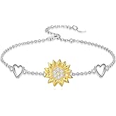 LWXIE Diamond Sunflower Bracelet 925 Sterling Silver Floral Bracelets with Adjustable Heart Chain 18K Gold-Plated Sunflower Jewelry Birthday Christmas Gifts for Women/Daughter/Girlfriend