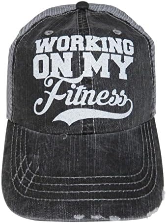 Glitter "Working On My Fitness" Distressed Look Grey Trucker Cap (White Glitter)