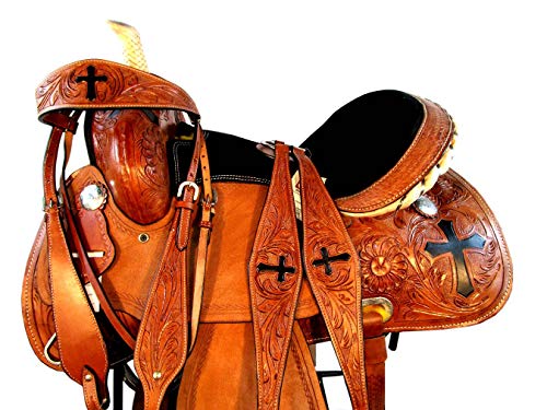 15 16 Western Show Floral Cross Tooled Leather Horse Barrel Racing Saddle TACK Set (16 Inch)
