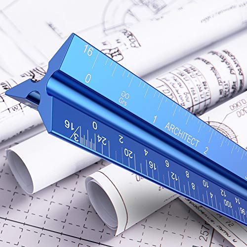 Architectural Scale Ruler, Metal Ruler of Solid Aluminum, Great Drafting Tools with Architect Scale, Laser-Etched Ruler 12 inch Triangle for Blueprint (Imperial)