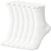 VASHOP Women's Ruffle Ankle Socks (6-Pack)，Soft Cotton, Breathable & Comfortable，Lettuce Frilly Socks White,Turn-Cuff Design