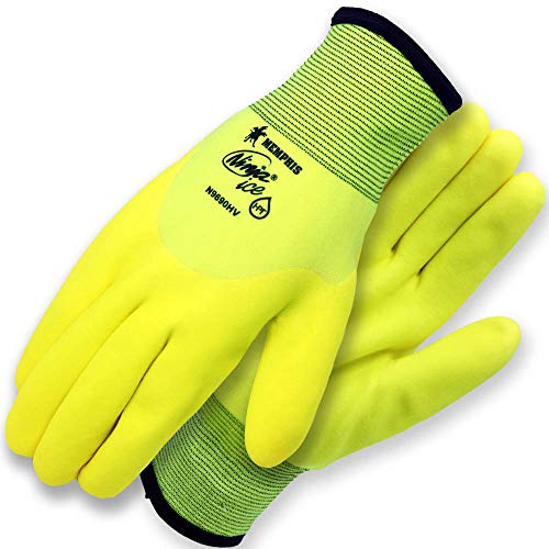 Memphis Glove N9690HVL Ninja Ice High Visibility Nylon Liner Double Layer Gloves with HPT Coating, Lemon Yellow, Large, 1-Pair