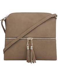 SG SUGU Lightweight Medium Crossbody Bag with Tassel and Zipper Pocket (Taupe)