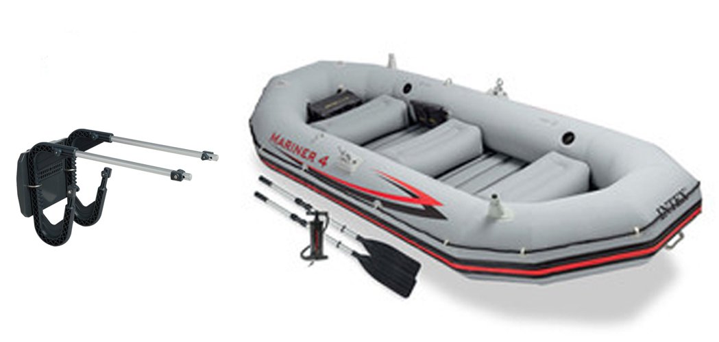Intex Mariner 4 Inflatable Raft River/Lake Dinghy Boat Set & Motor