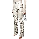 Sumleno High Waist Stacked Pants for Women Faux Leather Ruffle Ruched Leggings Y2k Black Pleated Sexy Aesthetic Streetwear