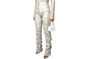 Sumleno High Waist Stacked Pants for Women Faux Leather Ruffle Ruched Leggings Y2k Black Pleated Sexy Aesthetic Streetwear