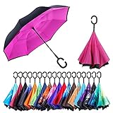 Newsight Reversible Umbrella - Dual Layer Inverted Umbrella, Self-Stand & C-Shape Hook to Free Hands, Reverse Inside Out Folding for Car Driver & Passenger, with Carrying Sleeve