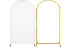 HAISIWLKJ Metal Arch Backdrop Stand and Cover Set,1 White Spandex Fitted Arch Cover with 1 Gold Wedding Arched Stand Frame for Parties Birthday Baby Shower Bridal Banquet Decoration(7.2FTx4.6FT)