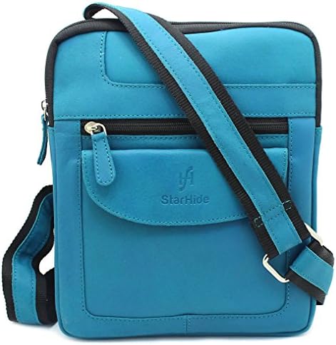 STARHIDE Mens Womens Distressed Hunter Genuine Leather Travel Messenger Bag For Ipad Tablet 505 (Turquoise)
