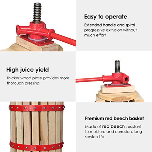 1.6 Gallon Fruit Wine Press - 100% Nature/Healthy Apple&Grape&Berries Crusher Manual Juice Maker for Kitchen, Solid Wood Basket with 2 Blocks Cider Wine Making Press (LFGB Certified,Heavy Duty)