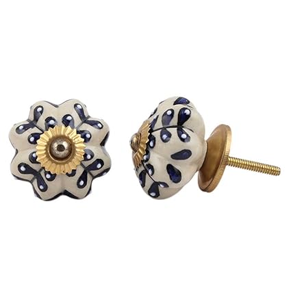 Accents Indianshelf Handmade Blue Ceramic Flower Kitchen Knobs