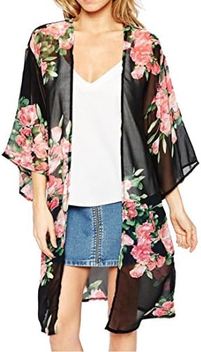 METFIT Women's Floral Chiffon Shawl Loose Kimono Cardigan Tops Shirt Blouse 2018 Summer Beach