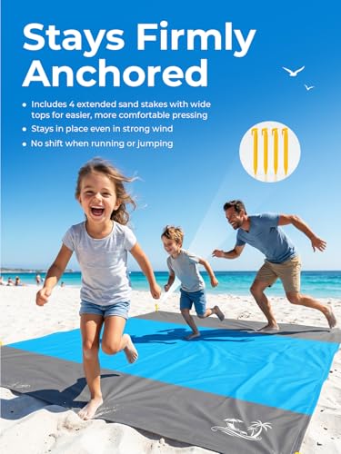 Solnery Large Beach Blanket Waterproof Sandproof, Beach Mats Sand Free, Windproof Outdoor Mat, Portable, 4 Stakes, 250 x 200 cm, Fits 1–8 People, for Seaside, Picnic & Camping (Ocean Blue)