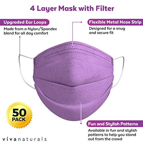 Purple Face Mask (50 Pack) Premium 4Ply Purple Mask Designed with