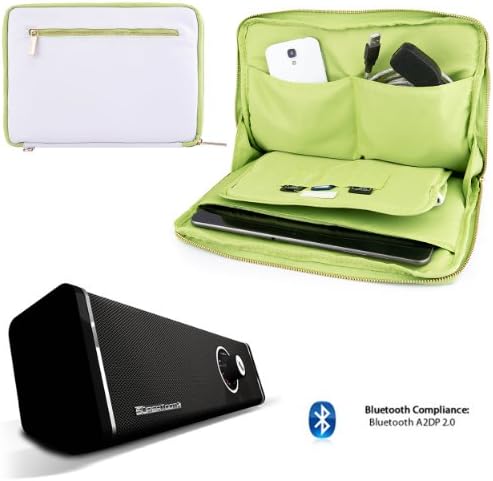 Irista Carrying Leather Sleeve (White, Green Trim) For Toshiba Excite Pro, Pure, Write, 10 SE 10.1-inch Tablet + 10hr Bluetooth Speaker w/ Subwofer