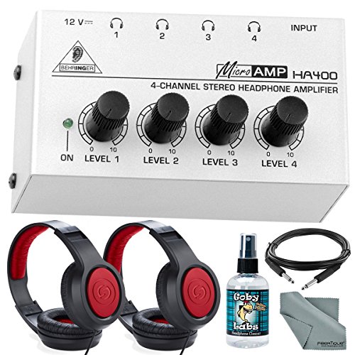 Behringer HA-400 Compact 4-Channel Stereo Headphone Amplifier and Accessory Bundle w/ 2X Closed-Back Xpix Design Headphones, Headphone Sanitizer, Cable, Fibertique Cloth