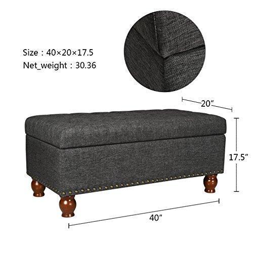Asense Fabric Rectangle Tufted Lift Top Storage Ottoman Bench, Footstool with Solid Wood Legs, Nailhead Trim (Black Grey)