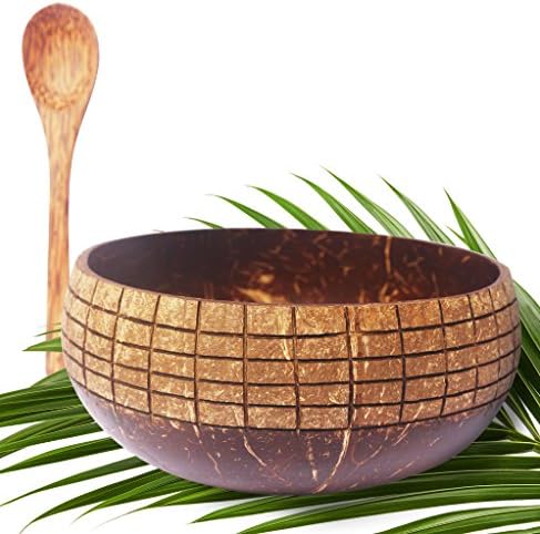 VIBE Coconut Bowl with Spoon - Mix and Match, 7 Designs To Choose From. Hand-Carved and Sustainably Produced By Top Coconut Smoothie Bowl Artisan - Premium, Vegan, Buddha Bowls (Khan)