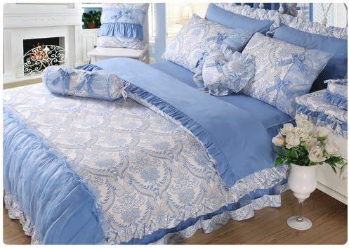 Sisbay Unique Princess Korean Bedding, Falbala Bowknot Baby Girls Duvet Cover, Dream Rural Bed Set Pink Blue, More Styles