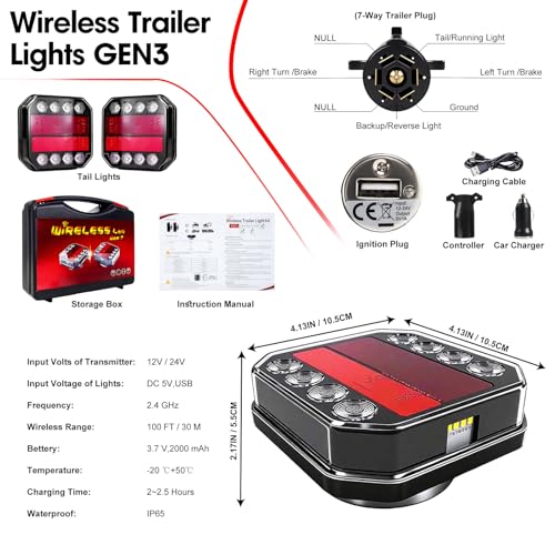 GEN-3 Wireless Trailer Lights Magnetic Kit, 100ft Bluetooth Wireless Tail Lights, USB-C Quick-Charge Car LED Trailer Lights, DOT Certified IP65 Waterproof for Trucks, Boat, RV, Vehicle
