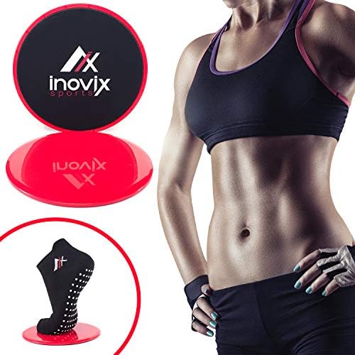 Inovix Dual Sided Exercise Sliders for Working Out on Carpet and Hard Floors + Maximum Grip Anti-Slip Socks – Workout sliders fitness for 80 day obsession equipment