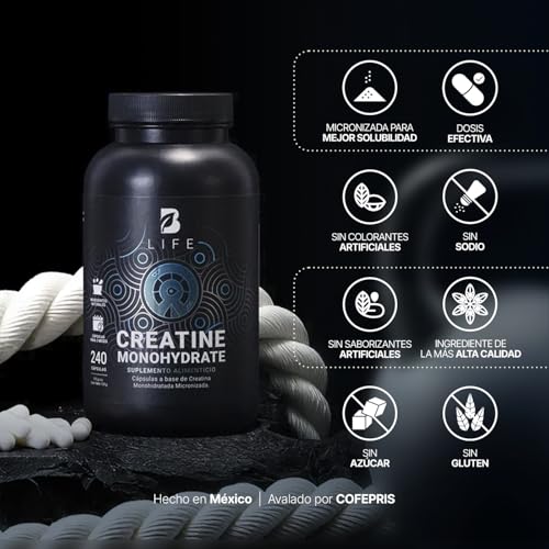 B Life Creatina Monohidratada Micronizada. 240 Cápsulas. Alta Pureza Sin Sabor. Mayor Absorción. Creatine Monohydrate