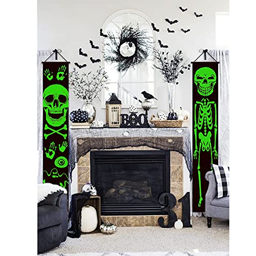2021 Luminous Halloween Porch Sign for Frontdoor Window Deocration Thrilling Banner with Glowing Green Skeleton at Night Add Terrorist Atmosphere Party Yard Sign 11.8X70.8 Inch